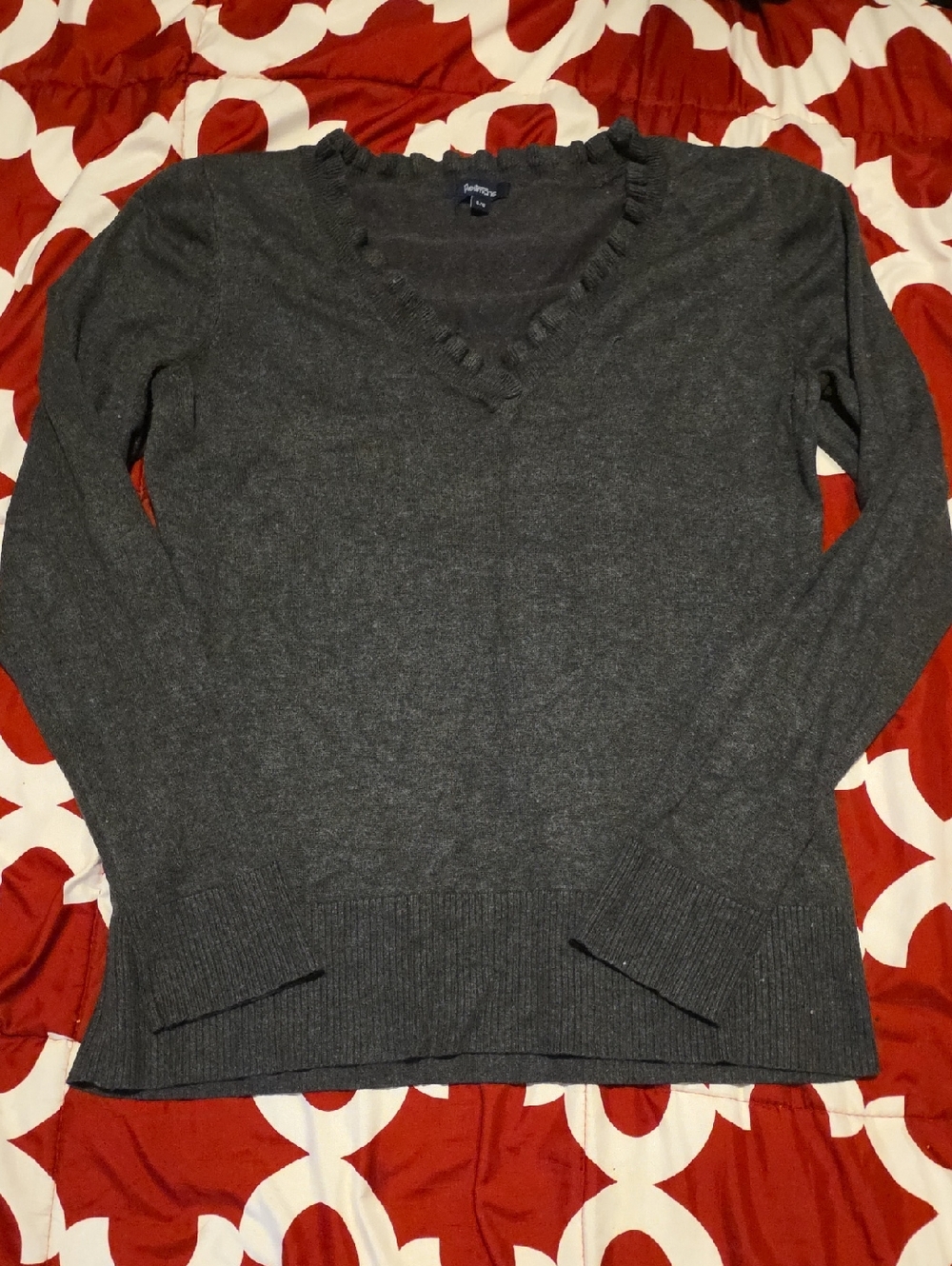 Women's Gray Ruffle V-Neck Sweater
